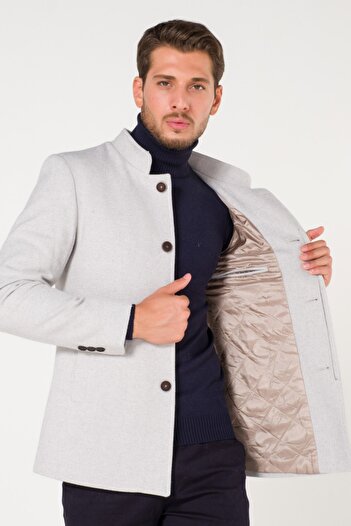 AtakGiyim Men's Gray White Stand Collar Stamp Slope Coat