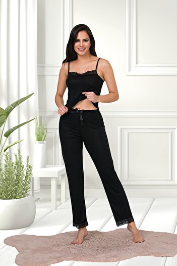 MyBen Black Colored Cotton Lycra Strapped Lace Detailed Pajama Set