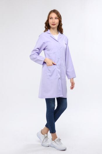 Çamdalı İş Elbiseleri Lilac Alpaca Women's Work Apron - Lilac Women's Work Apron with Snap Fastener, 2 Pockets, Belt on the Back, Jacket Collar