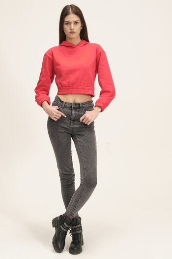 PUNKY CAT Women's Pomegranate Blossom Hooded Crop Sweatshirt with Fleece Inside