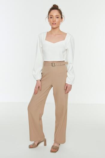 Trendyol Collection Ecru Crop Woven Sweetheart Neck Long Sleeve Bluzka z Długim Rękawem TWOSS21BZ0236