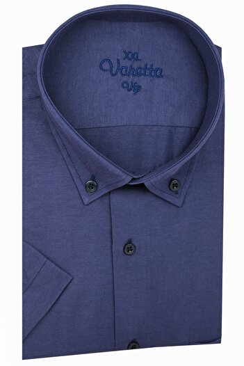 Varetta Men's Navy Blue Short Sleeve Large Size Cotton Satin Collar Buttoned Men's Shirt