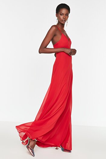 Trendyol Collection Long Red Chiffon Evening Dress - A-Cut, Lined, Evening Gown TPRSS19FZ0392