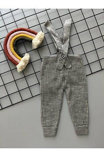 Sparrow Laurel Gray Color High Waist Front Cross Strap Adjustable Ribbed Baby Knitwear Leggings Trousers
