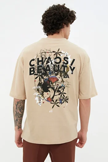 Trendyol Collection Béžové bavlněné tričko oversize s potiskem - TMNSS21TS2037
