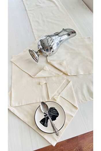 White Alamode Raw Linen Design Fork Spoon Pocket Tassel Detailed Placemat And Runner Set