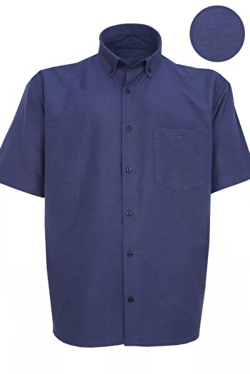 Varetta Men's Navy Blue Short Sleeve Large Size Cotton Satin Collar Buttoned Men's Shirt