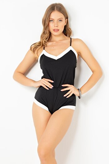 Doremi Women's Black Cotton Shorts Jumpsuit Pajamas