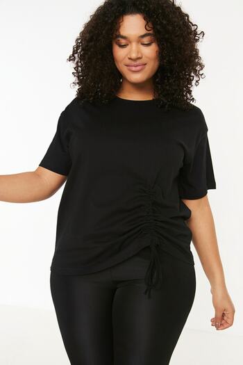 Trendyol Curve 100% Cotton Black T-Shirt - TBBSS22TS2293 with Gather Detail