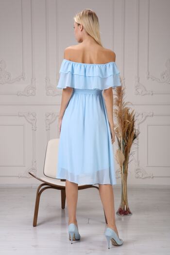 Azra Style Rochie de damă cu guler cu curea Plus Size Baby Blue din șifon