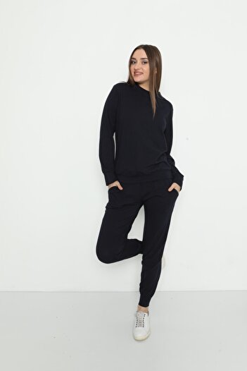 MyBen Women's Crew Neck Cotton Long Sleeve Pajama Set Navy Blue 28243