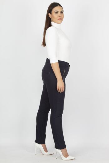 Şans Women's Large Size Navy Blue Zipper Detailed Trousers 65n20932