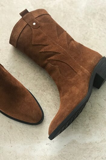 TUNAELLİ Kadın Kahverengi Taba Hakiki Deri Western Bot