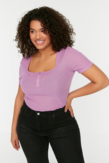 Trendyol Curve Lilac Square Collar Zippered Knitted Blouse TBBSS22BZ00005