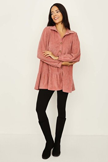 Select Moda Kadın Pudra Eteği Volanlı Kadife Tunik Elbise