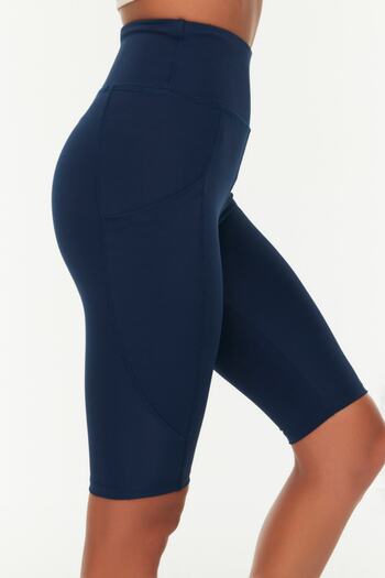 Trendyol Collection Sötétkék Restorer magas derekú zseb részletesen kötött sportmotoros/kerékpáros/rövid leggings TWOAW21TA0064