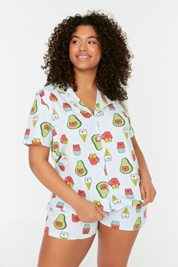 Trendyol Curve Set pijamale albastru deschis cu avocado TBBSS22PT0707