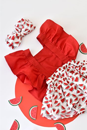 Little Ya Ya Love Baby Girl Watermelon Pattern Poplin Ruffle Salopet Bandana Set