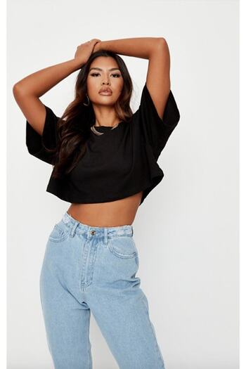 Mambo Women's Black-white Oversize Combed Cotton Crop T-shirt T-shirt