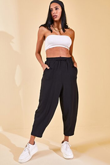 XHAN Women's Black Elastic Waist Slouchly Trousers 2YZK5-12595-02
