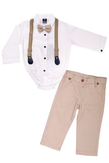 Mika Bebek & Çocuk Skinny Fit Beige Pants Shirt Bow Tie Baby Boy Salopet Set