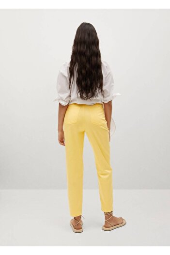 MANGO Woman Kadın Pastel Sarı Düz Kesim Koton Pantolon