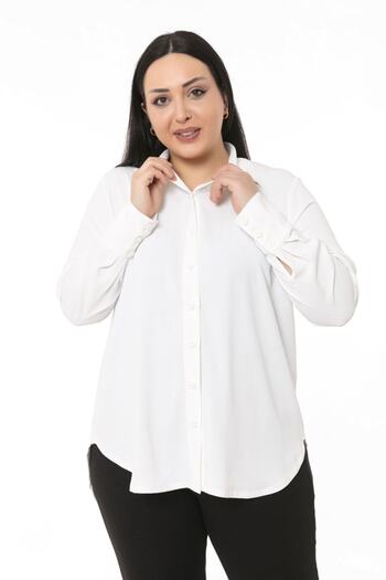 DISENTIS MODEST Large Size White Shirt with Wide Cuffs and Back Slit and Lacing Detail