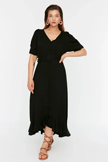 Trendyol Curve Black Belted Woven Dress TBBSS22EL3021