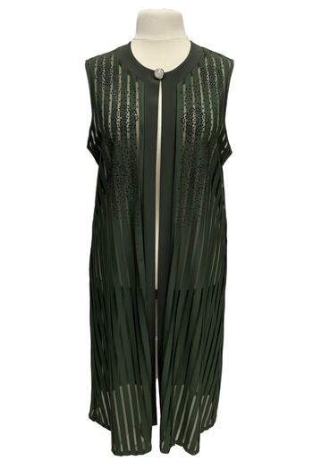 HESNA Green Stone Embroidered Long Mother's Evening Dress Vest with Brooch