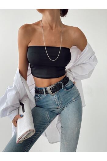 laughs Women's Black Strapless Buckle Blouse - Blz1061