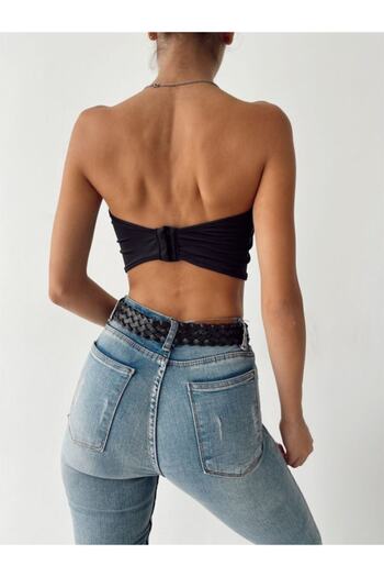 laughs Women's Black Strapless Buckle Blouse - Blz1061