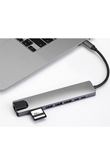 Alfais 4681 Type C To Hdmi Usb 3.0 Sd Microsd 8in1 Kart Rj45 Ethernet Çevirici Dönüştürücü Adaptör