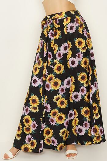 Select Moda Kadın Siyah Çiçek Desenli Kuşaklı Volanlı Uzun Etek