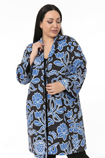 DISENTIS MODEST Jachetă pentru femei, cu guler mono, lungime mâneci, până la gleznă, căptușită cu buzunar fleto, cu model de flori albastre