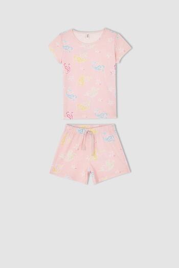 DeFacto Kız Çocuk Desenli Kısa Kollu Pamuklu Pijama Takım