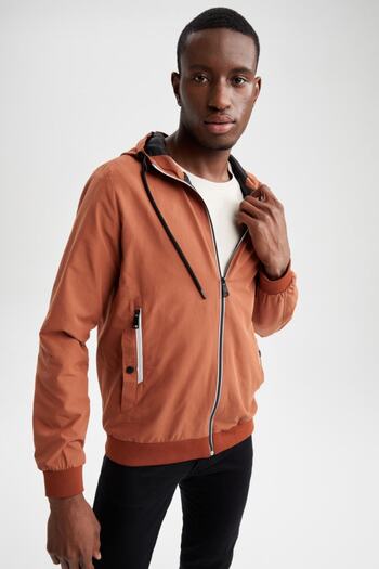 DeFacto Water Repellent Slim Fit Slogan Printed Hooded Thin Coat