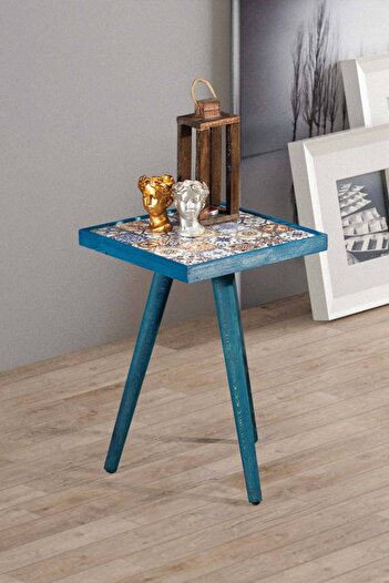 Resmo Esperanza Mavi Sehpa 32x32cm Doğal Masif Seramik Zigon Yan Sehpa Salon Mobilya