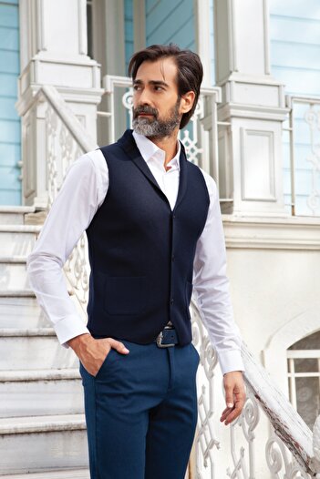 BOSMENTI Dark Blue Colored Slim Fit Buttoned Vest