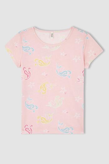 DeFacto Kız Çocuk Desenli Kısa Kollu Pamuklu Pijama Takım