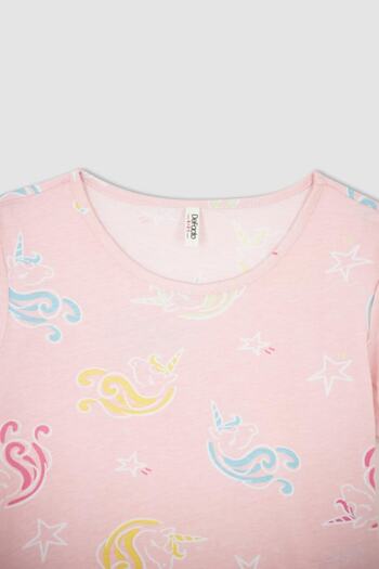 DeFacto Kız Çocuk Desenli Kısa Kollu Pamuklu Pijama Takım