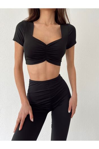 laughs Women's Black Gathered Front Heart Collar Short Sleeve Crop Blouse Blz1055