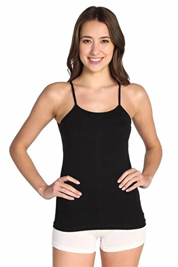 Tutku Women's Black Colored Large Size Ribbed Rope Strap Undershirt Economical Pack of 6