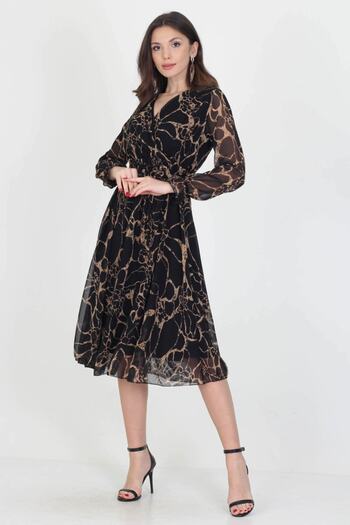 Neşeli Butik Rochie din șifon, căptușită pentru femei, sezon nou, cu guler dublu, lungime midi, Rssn06