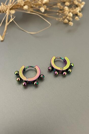 Jaida Moda Unisex Hologram Ball Detailed Steel Hoop Earrings