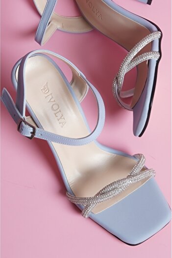 DİVOLYA Baby Blue Satin Pearl Stone Braided Heeled Shoes