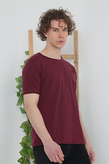 ELM WEAR Men's Burgundy Dirty Collar Pocket Casual T-shirt