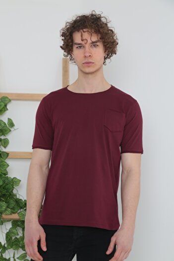 ELM WEAR Men's Burgundy Dirty Collar Pocket Casual T-shirt