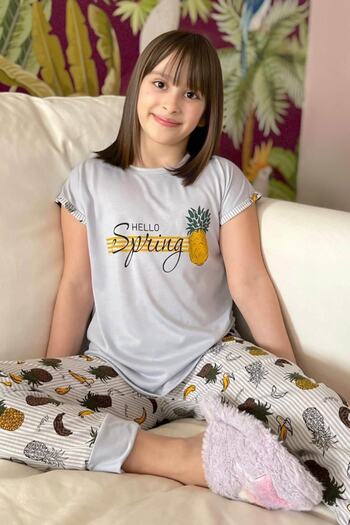 Pijamaevi Pineapple Printed Short Sleeve Girls Pajama Set