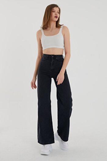 Trn JNS Super High Waist Black Lycra Palazzo Jeans - Wide Leg