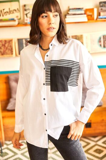 Olalook Women's White Oversize Woven Shirt with Pocket Detail GML-19000978
